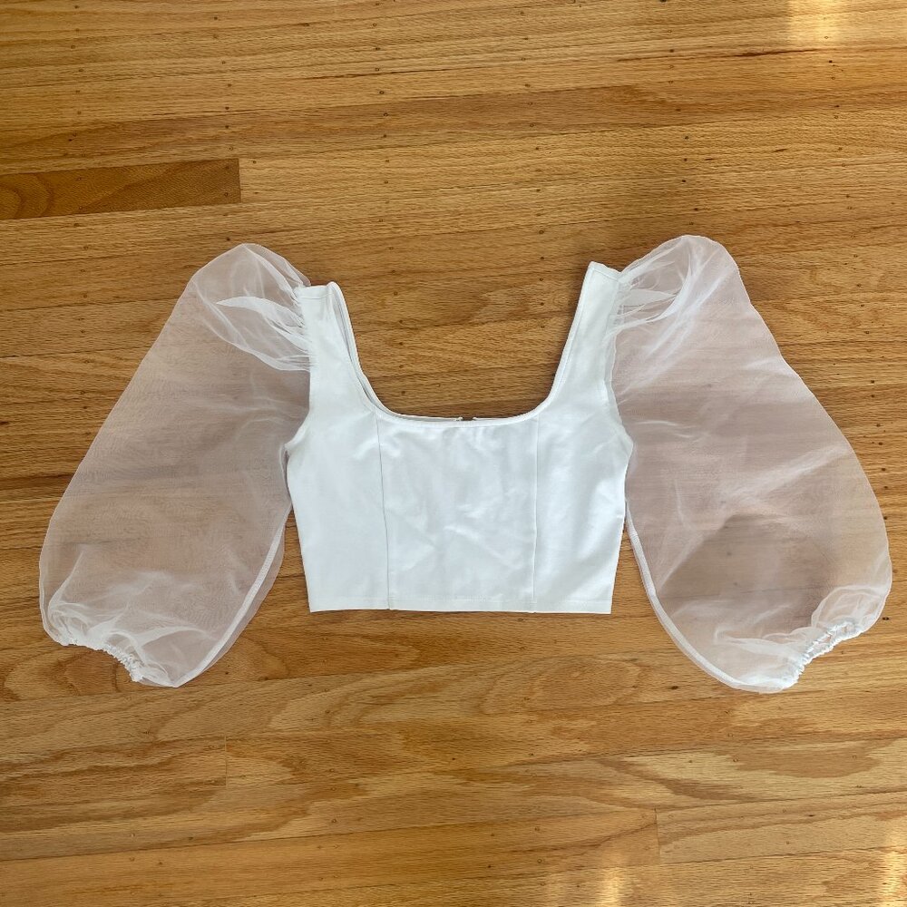 Organza Puff Sleeve Cropped Top - White